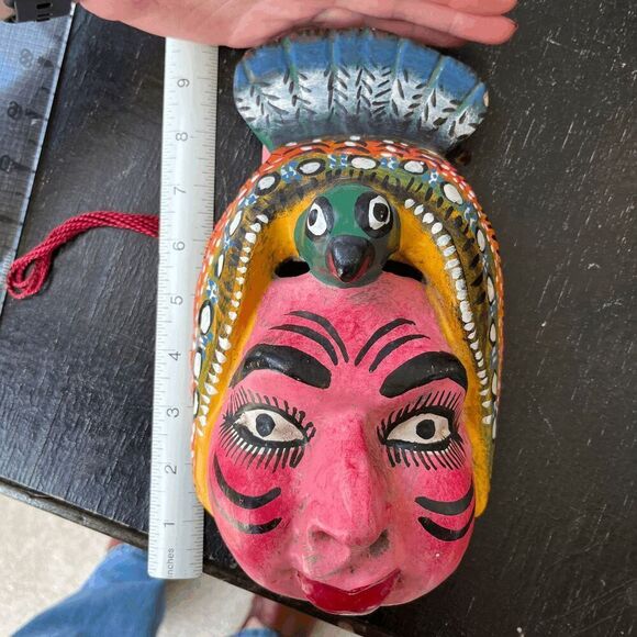 Vintage Indian Hand-Carved Painted Wooden Folk Mask Parrot Headpiece 12" - Picture 8 of 10